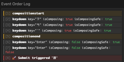 Safari. keydown and composition event log with isComposingSafe state